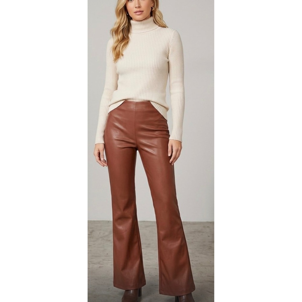 Steve Madden Cognac Faux Leather High Waisted Flare Pants BN303697 Size M NEW
